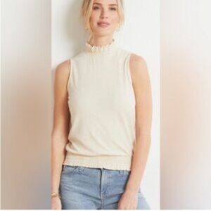 Evereve Sleeveless Mock Neck Ribbed Top Cream Beige Size Small